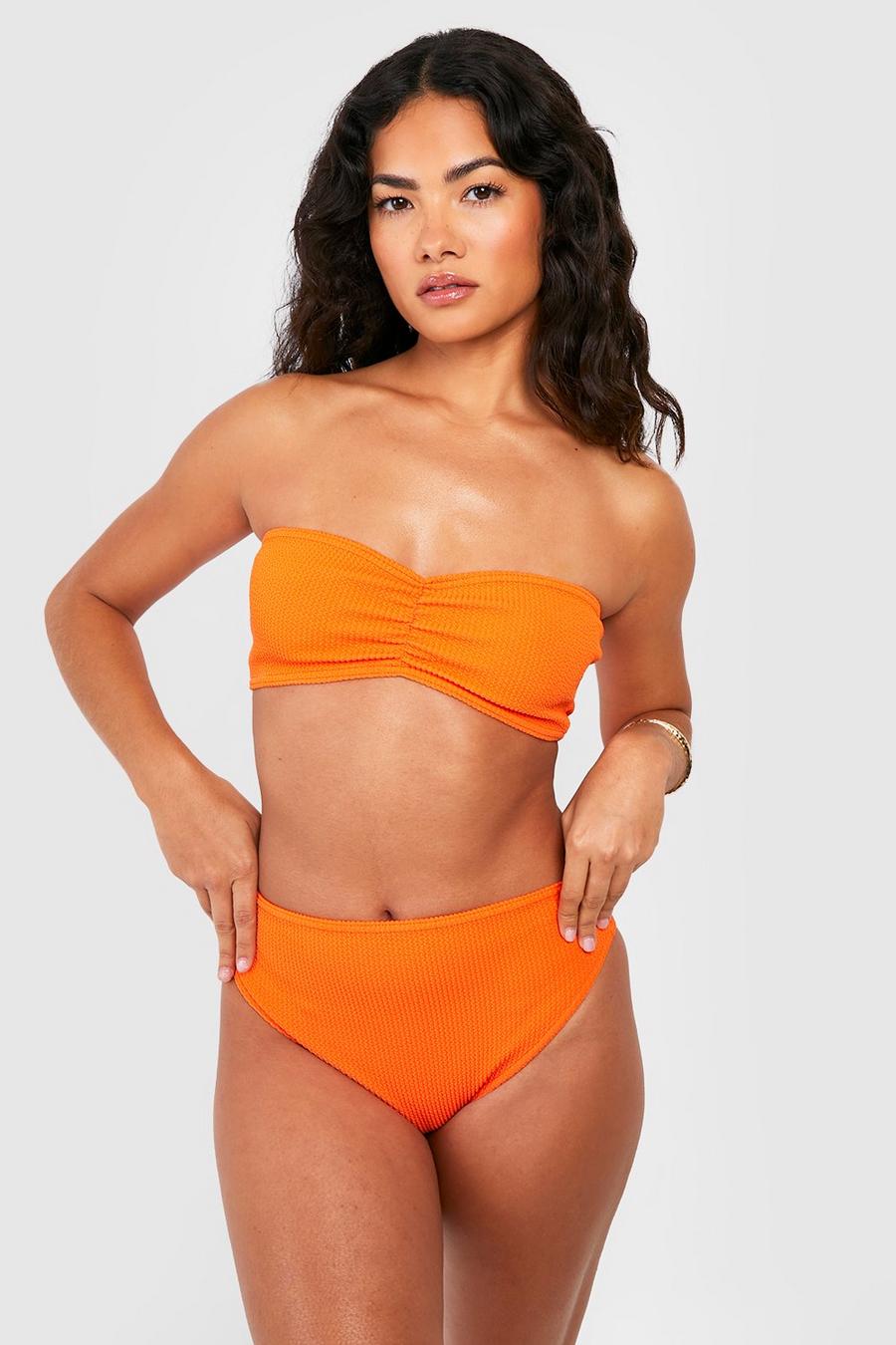 Golden orange Crinkle Ruched Bandeau Bikini Set