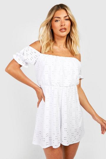 Off The Shoulder Puff Sleeve Jersey Knit Eyelet Flippy Romper white