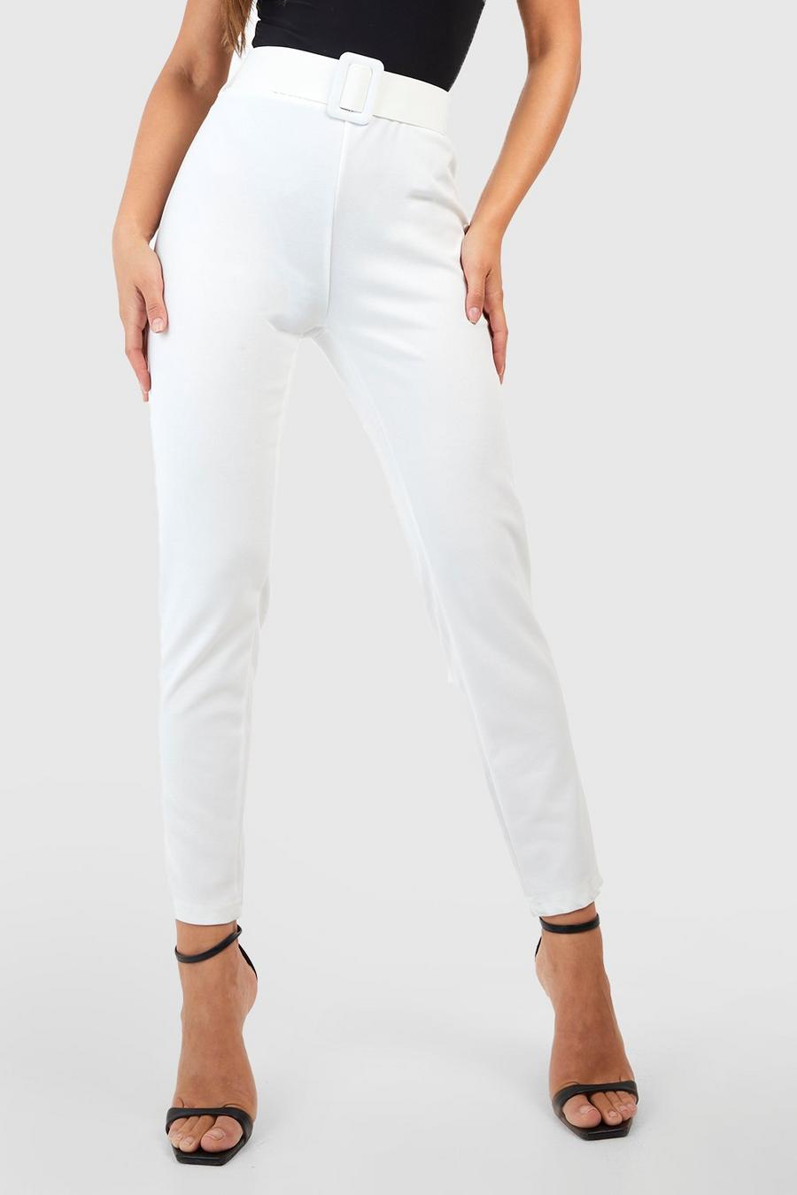 Ivory white High Waisted Buckle Belted Cigarette Pants