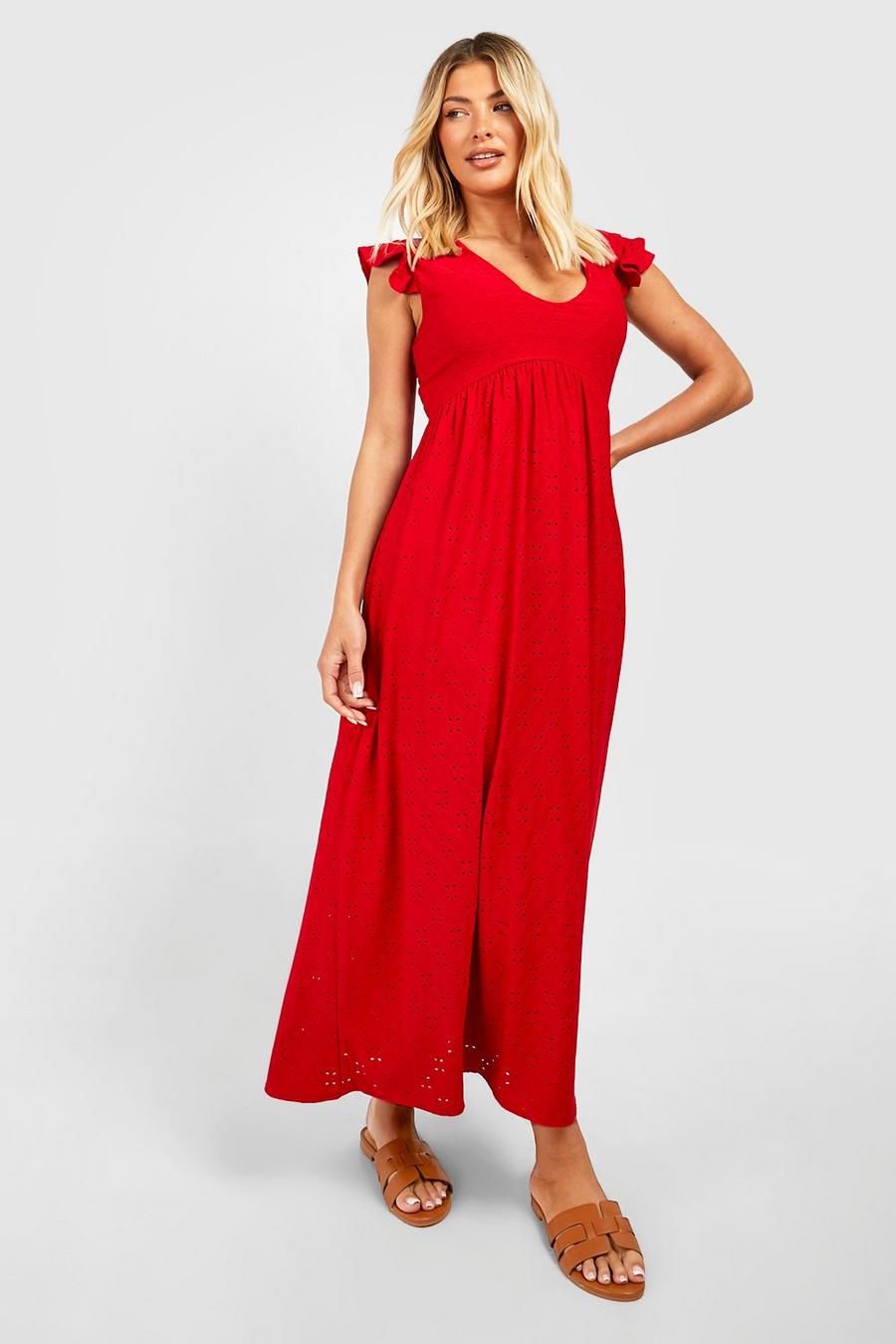 Red Jersey Knit Eyelet Plunge Ruffle Hem Midi Dress image number 1