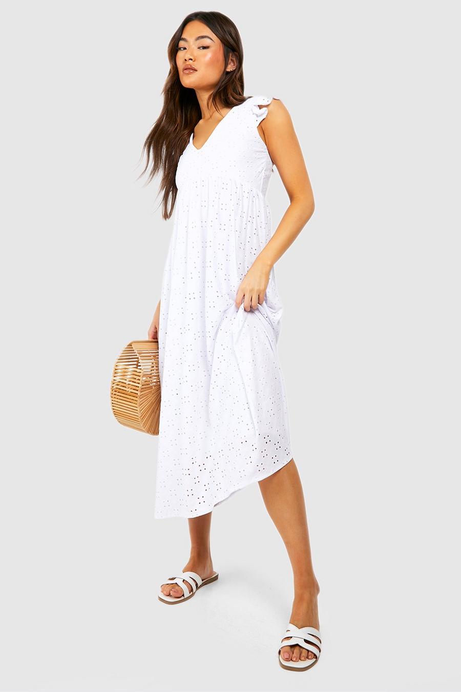 White Jersey Broderie Plunge Ruffle Hem Midaxi Dress image number 1