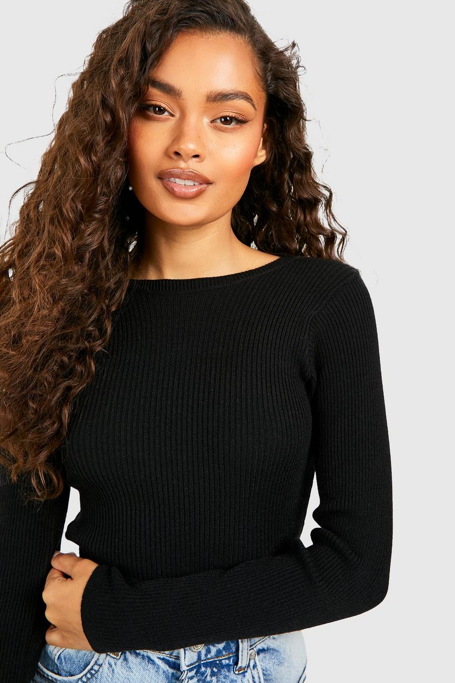 Black Rib Knit Crew Neck Long Sleeve Top image number 1