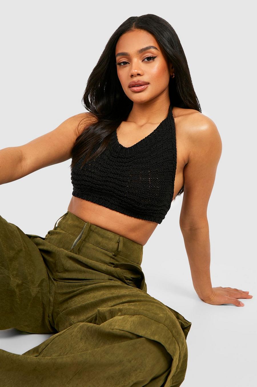 Black Chunky Knitted Halter Crop Top image number 1
