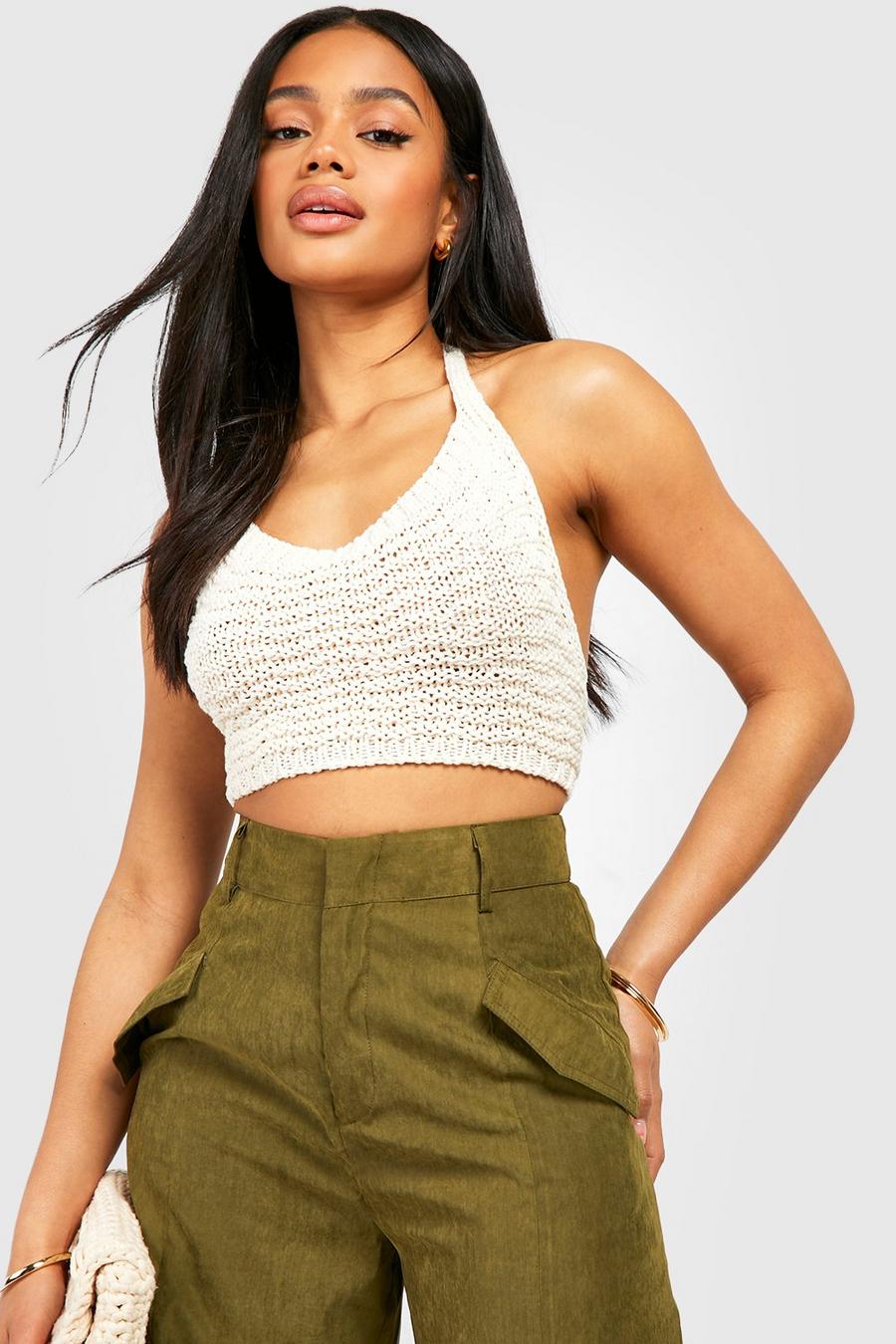 Ivory Chunky Knitted Halterneck Crop Top image number 1