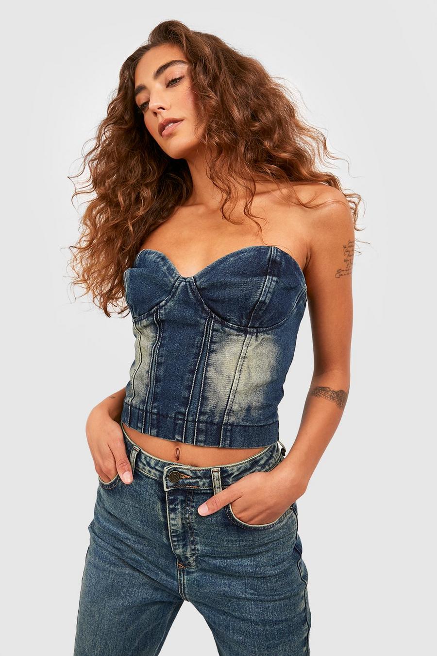 Top a fascia a corsetto in denim in tinta vintage image number 1