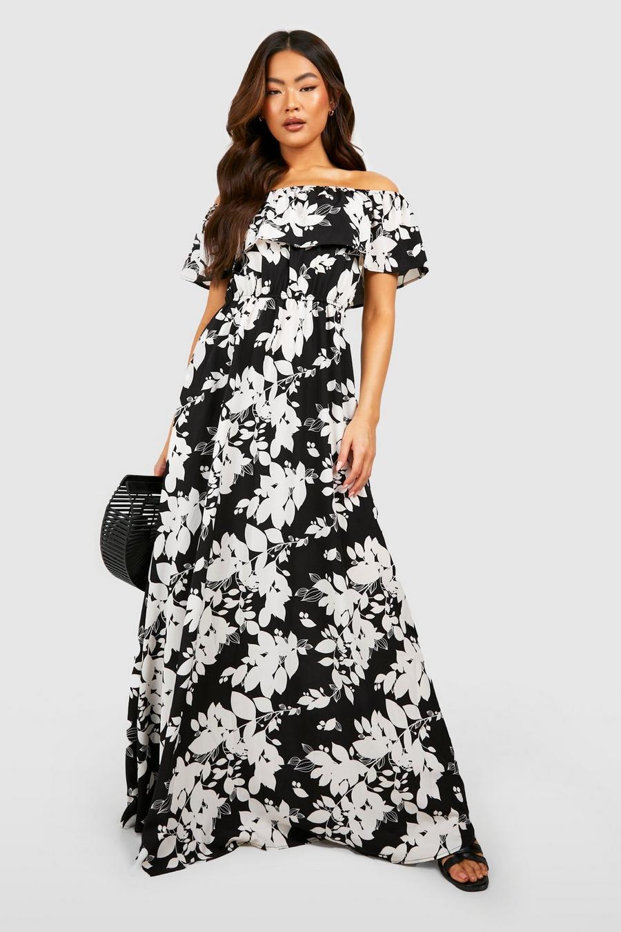 Black Off The Shoulder Floral Maxi Dress image number 1