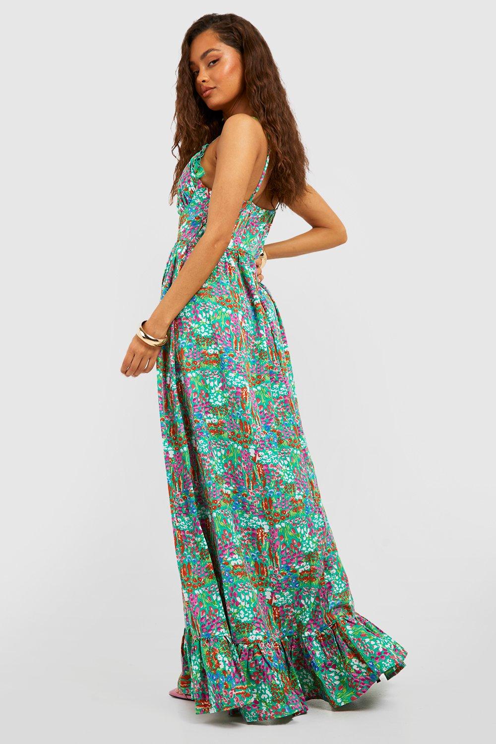 Floral Ruched Bust Frill Hem Maxi Dress