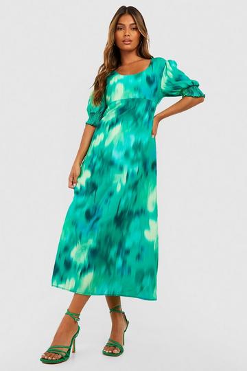 Green Woven Floral Ruffle Sleeve Midi Dress