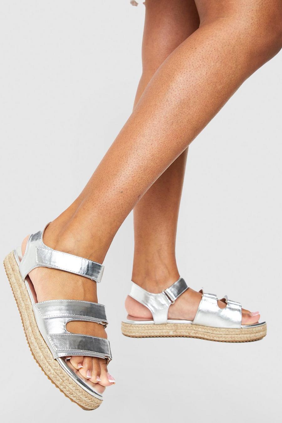 Silver Wide Width Metallic Velcro Strap Flatform Sandals image number 1