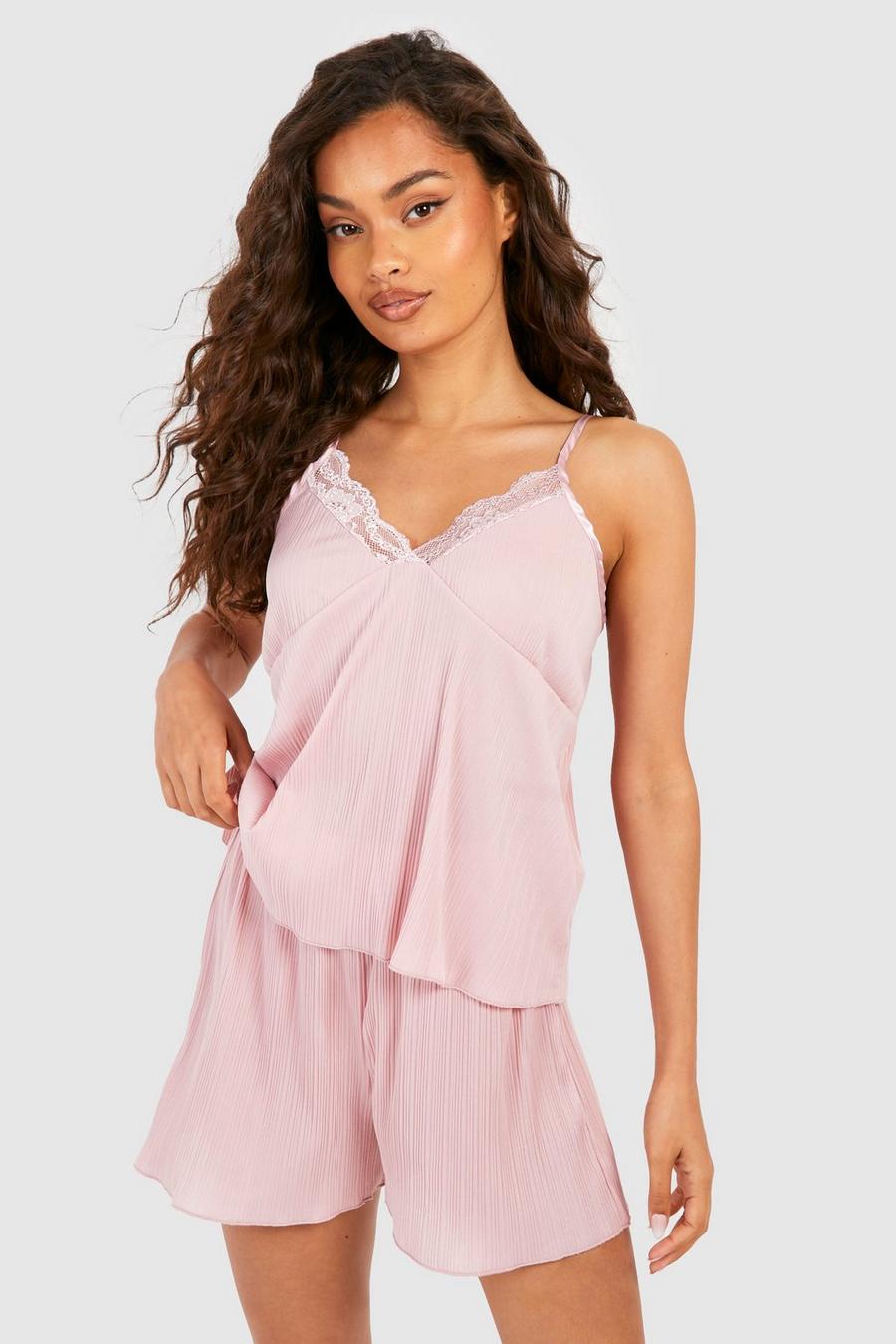 Blush rosa Plisse Lace Trim Pyjama Cami & Short Set