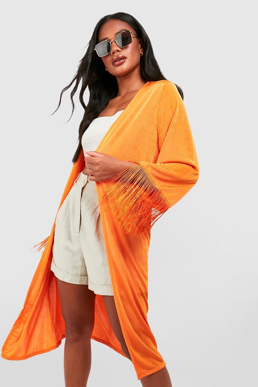 Orange Acetate Slinky Fringe Sleeve Kimono image number 1