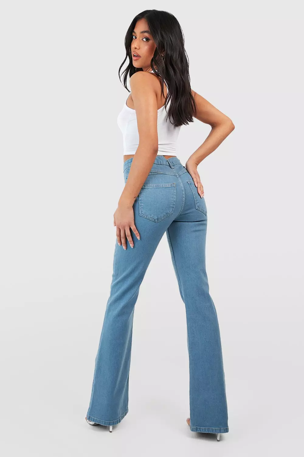 Light wash Petite Butt Shaper High Rise Skinny Flared Jeans صورة بديلة