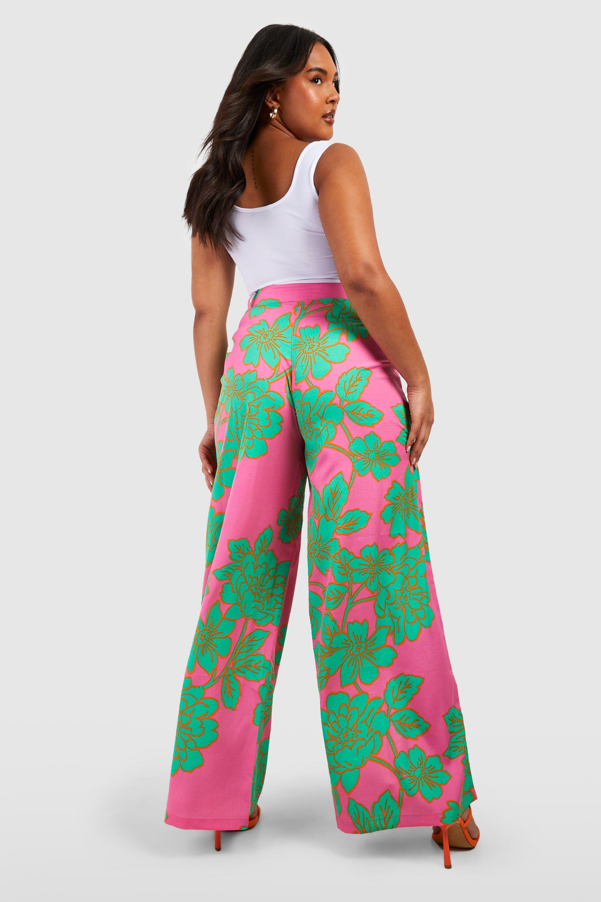 Pink floral wide outlet leg trousers