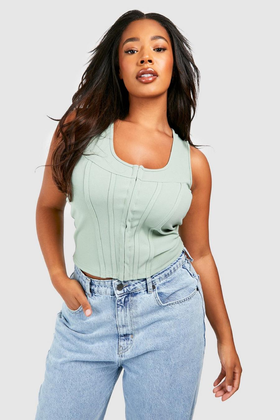 Sage green Plus Hook And Eye Scuba Corset Top image number 1