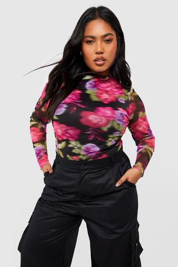 Plus Blurred Floral Mesh Top black