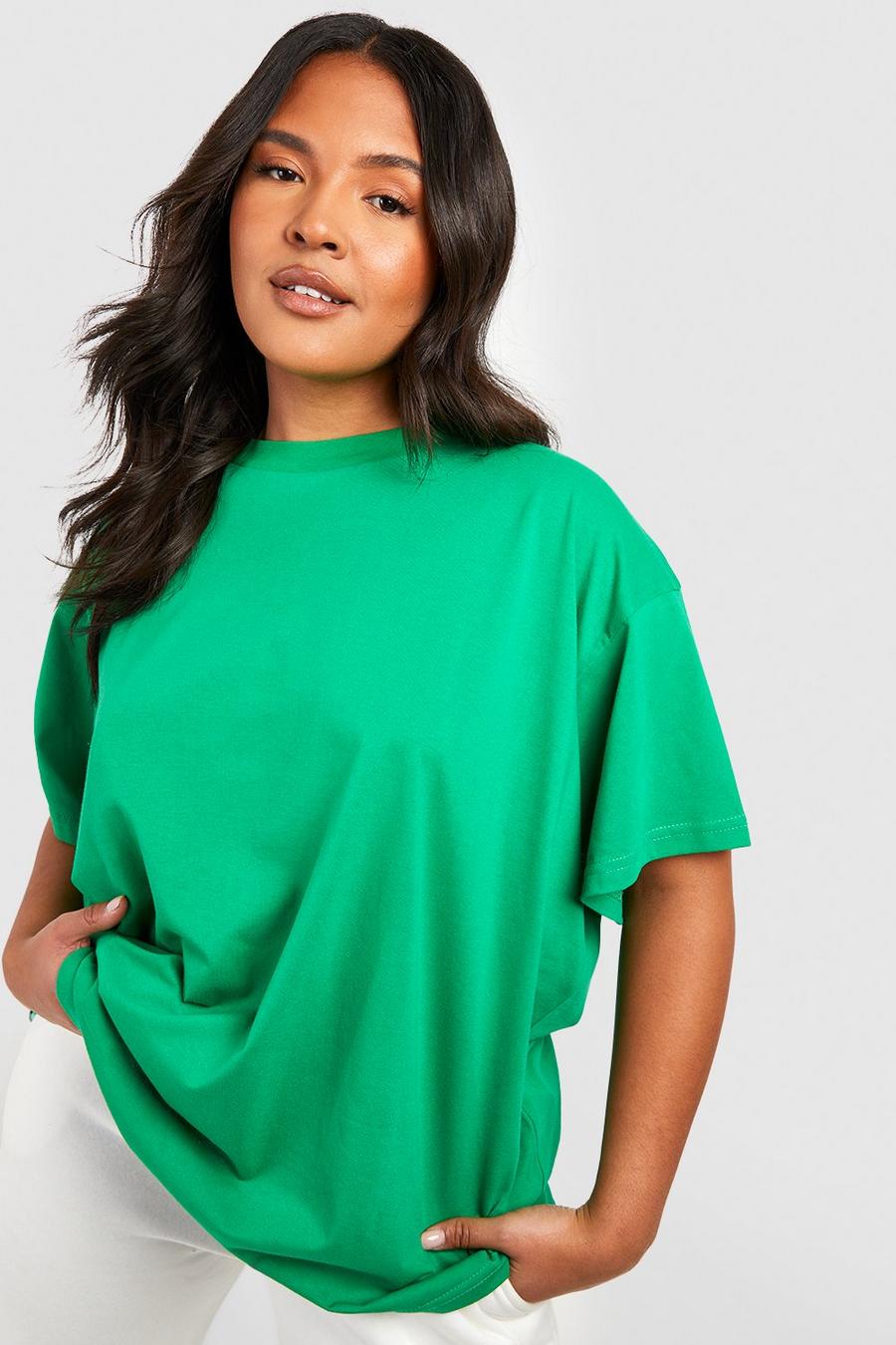Plus Oversize Basic Rundhals T-Shirt aus Baumwolle, Green image number 1
