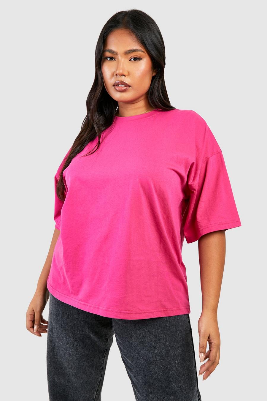 Plus Basic Oversize Rundhals T-Shirt aus Baumwolle, Hot pink image number 1