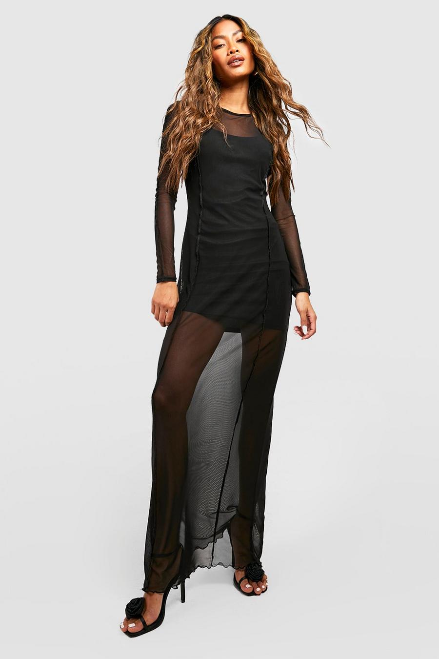 Black 2-i-1 Långklänning i mesh med dekorativa sömmar image number 1