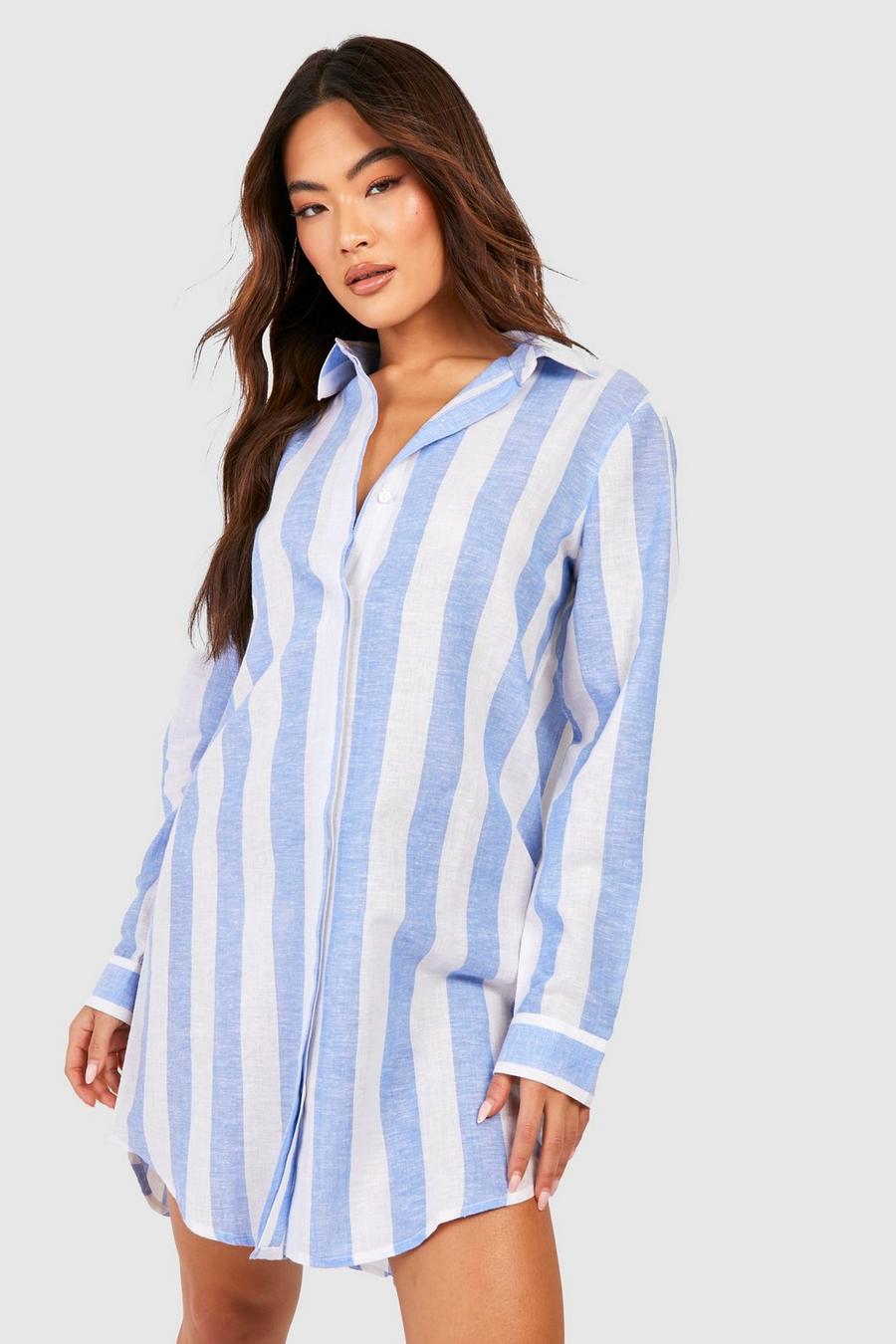 Blue blå Stripe Cotton Oversized Shirt Dress image number 1