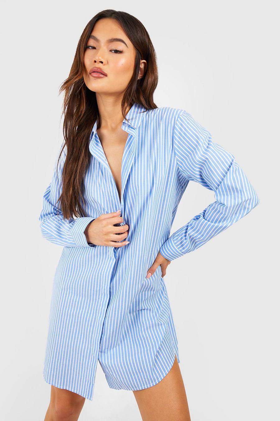 Blue Stripe Cotton Poplin Shirt Dress
