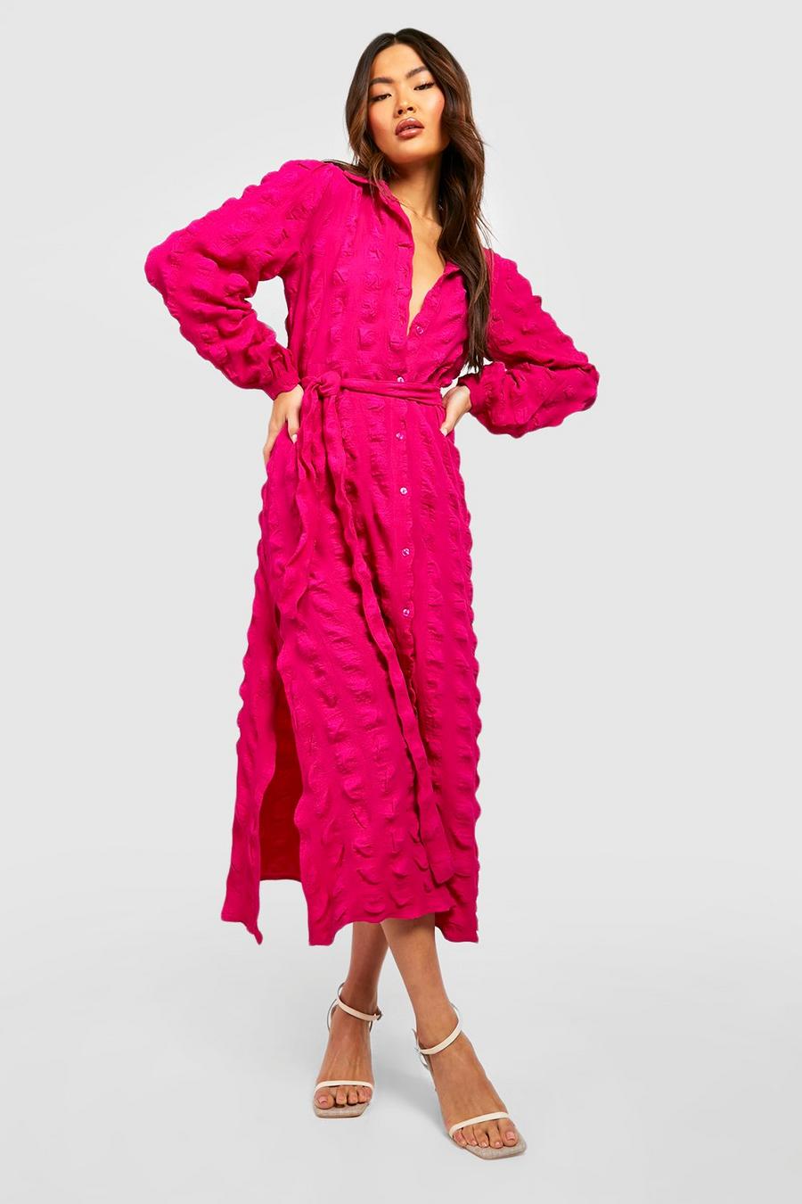 Hot pink Textured Midaxi Shirt Dress image number 1
