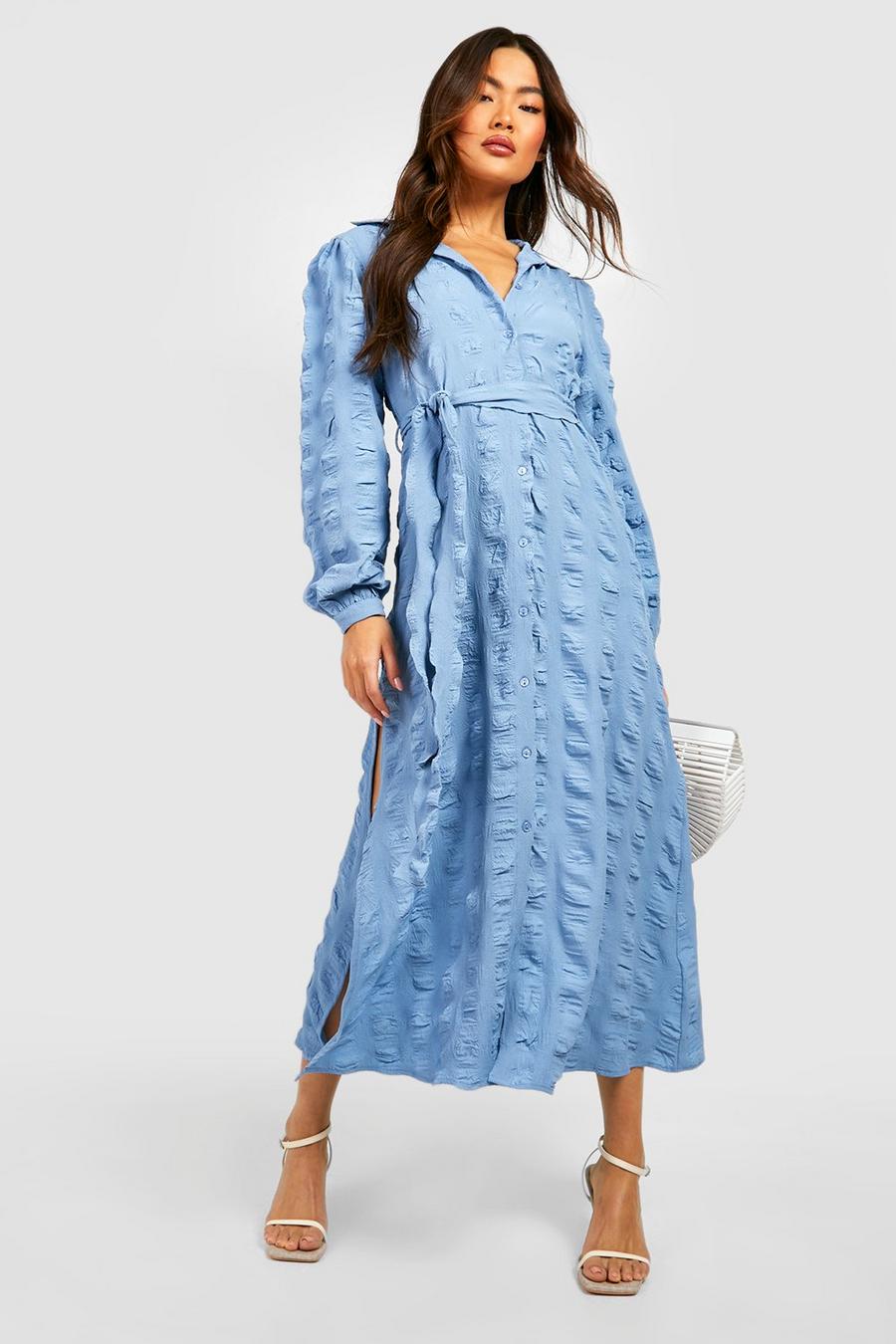 Pale blue Textured Midi Shirt Dress