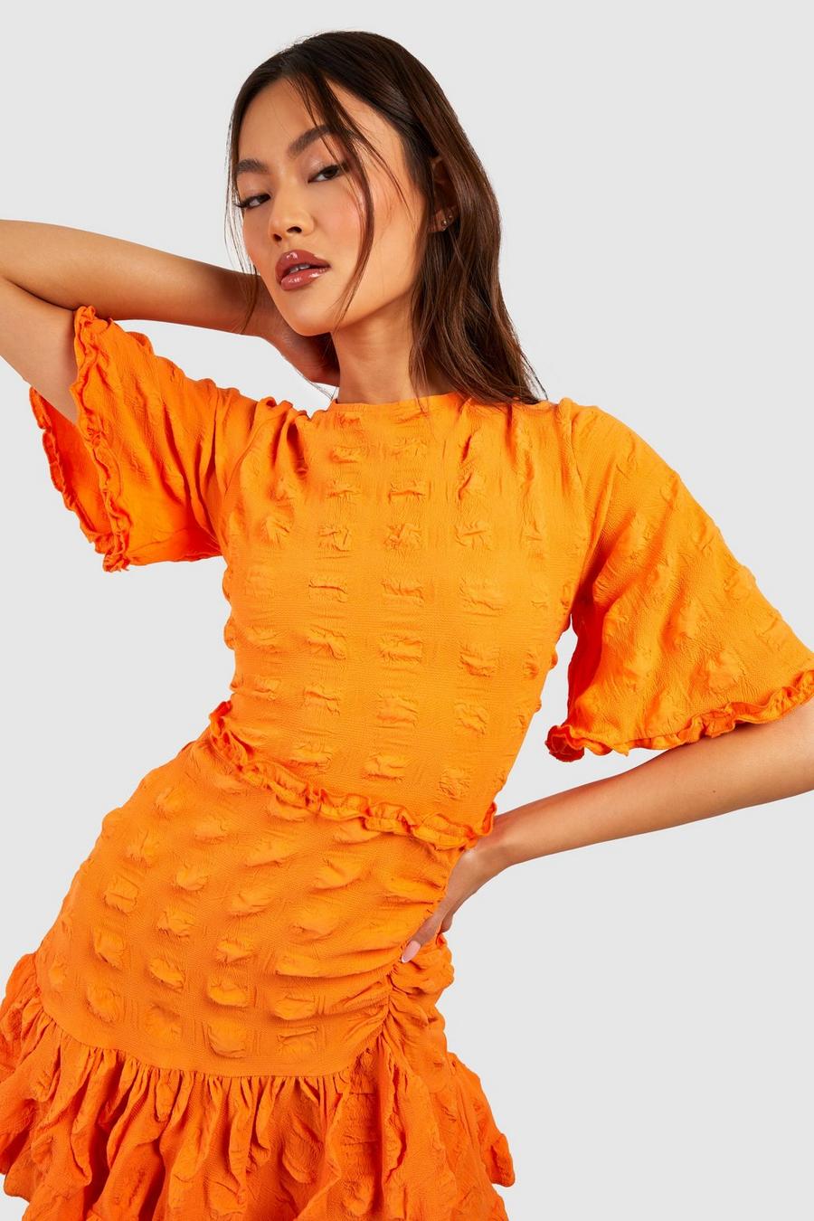 Orange Textured Angel Sleeve Ruffle Skater Dress image number 1