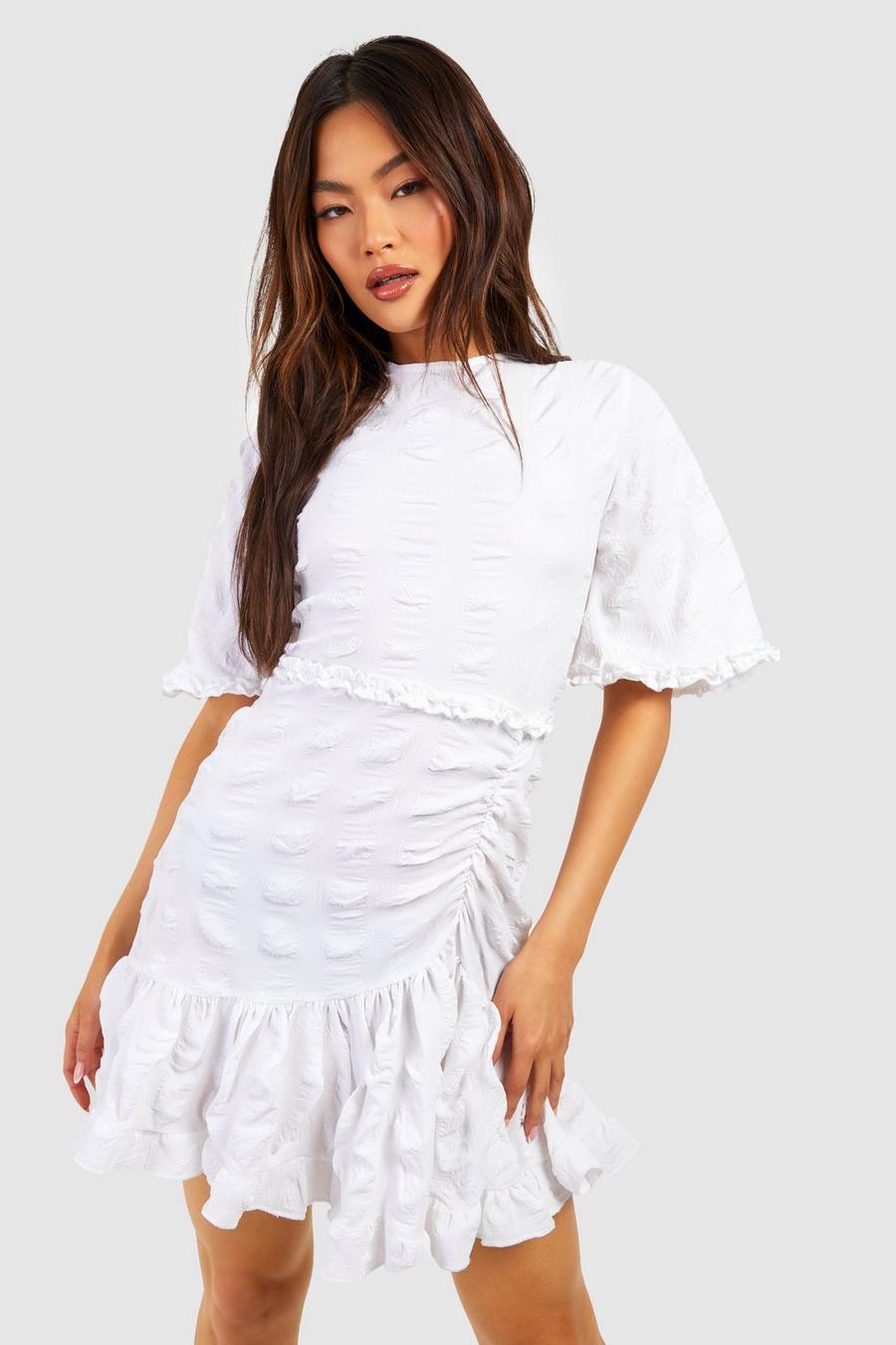 White Textured Angel Sleeve Ruffle Skater Dress image number 1