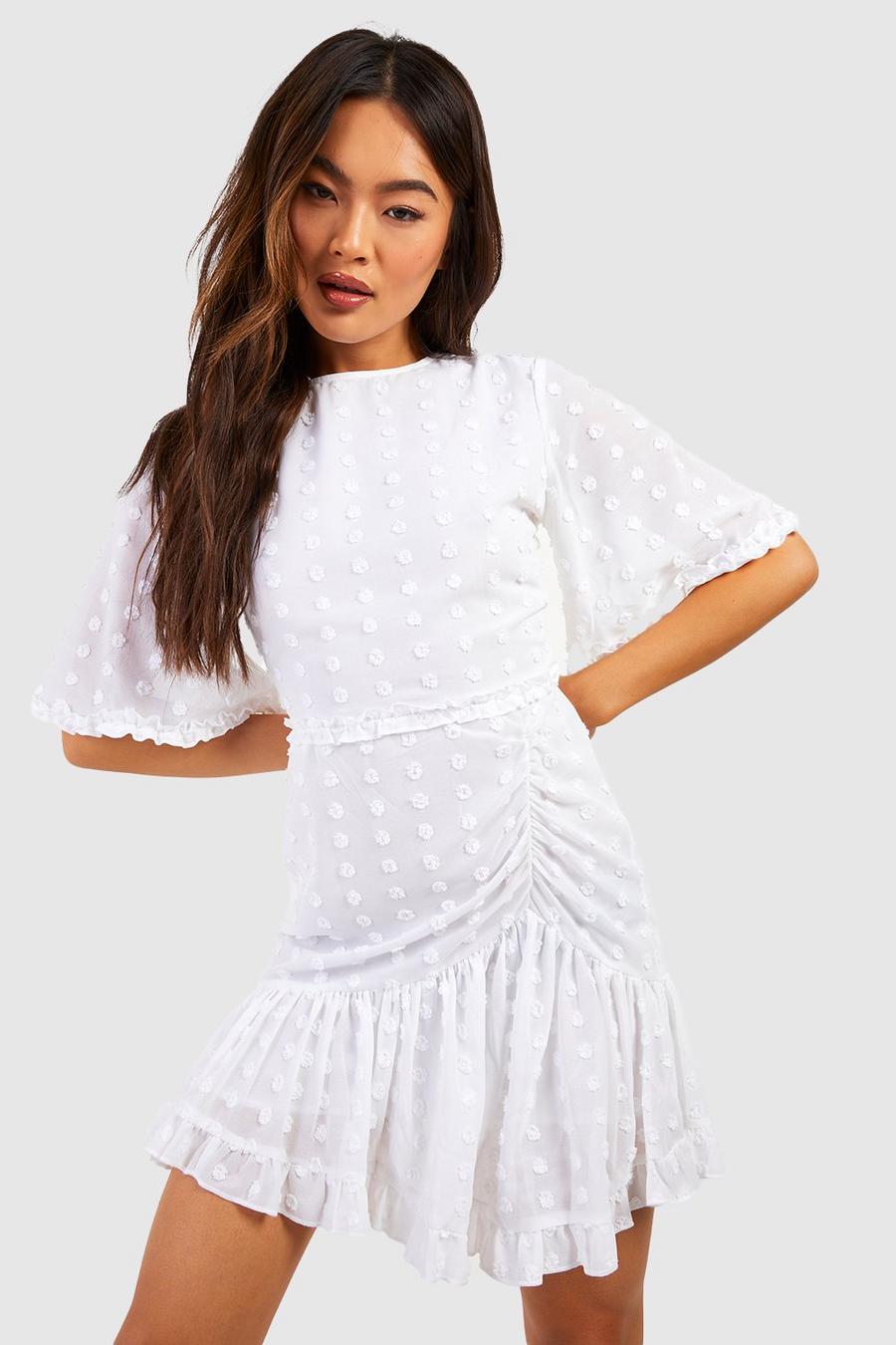 Cream white Textured Dobby Ruffle Tea Dress