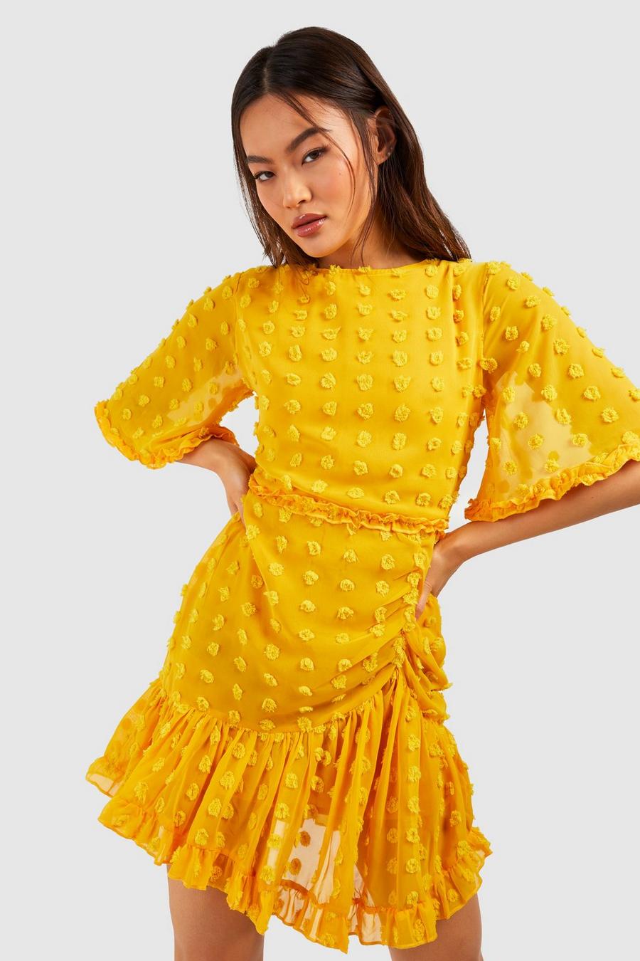 Mustard yellow Textured Dobby Ruffle Tea Dress