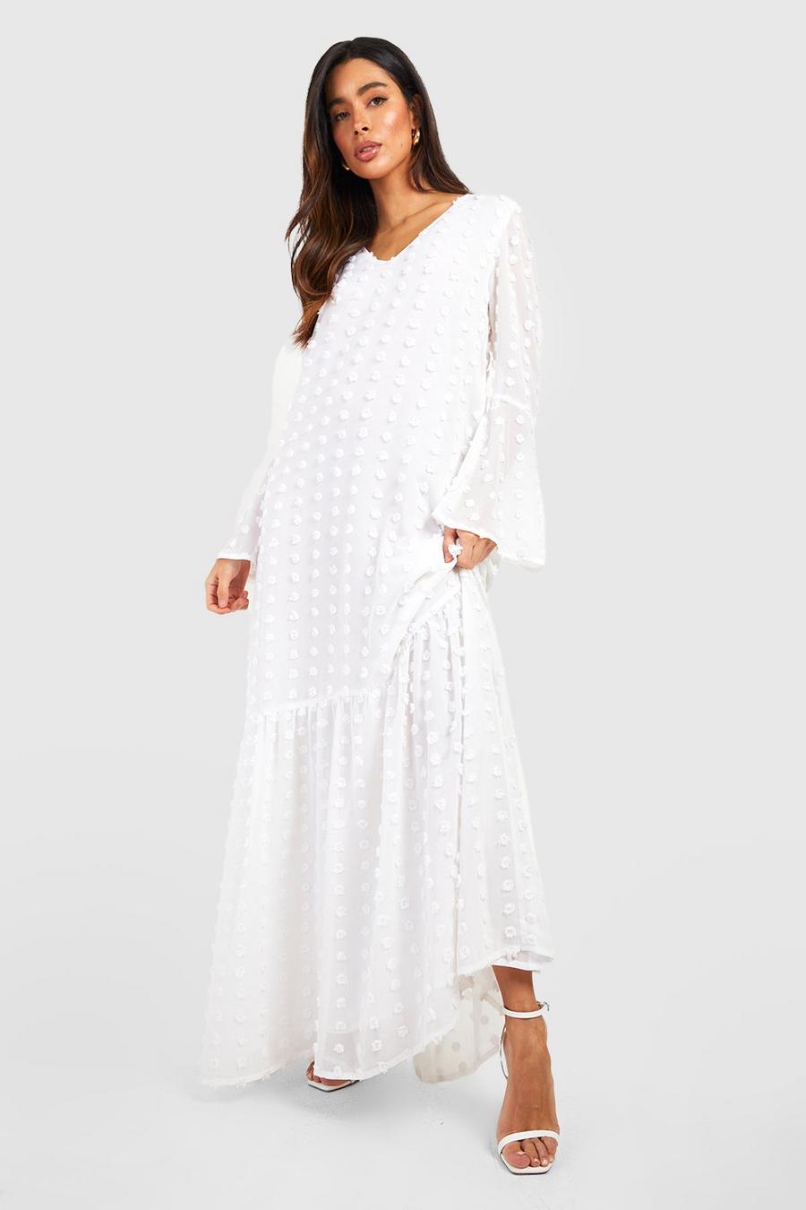 Cream white Textured Dobby Flare Sleeve Maxi Dress image number 1