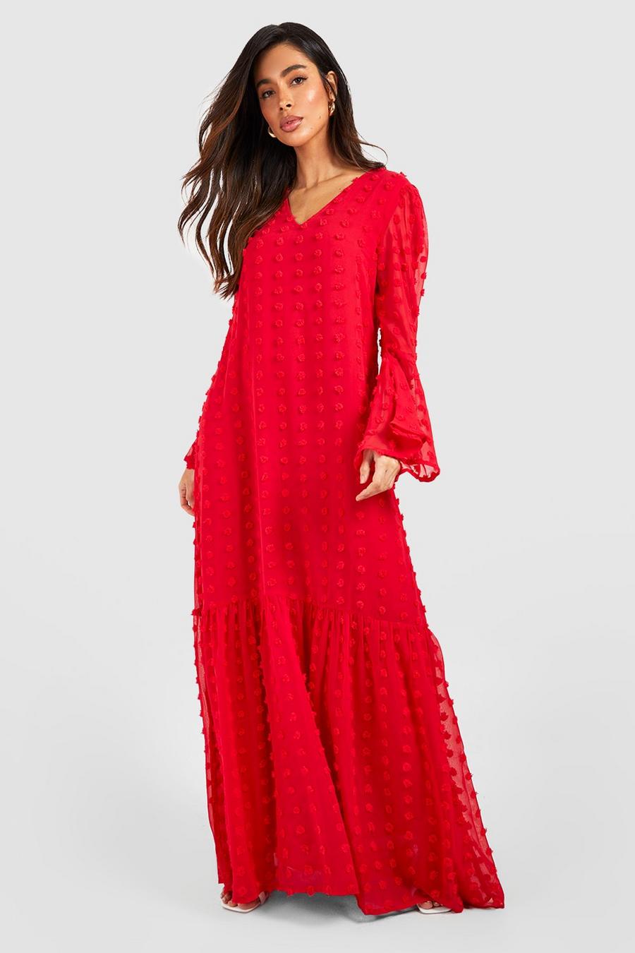 Red Textured Dobby Flare Sleeve Maxi Dress