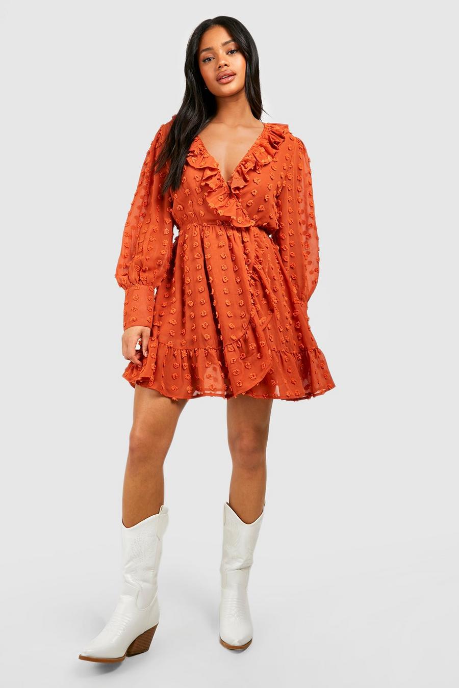 Rust Textured Dobby Ruffle Wrap Dress image number 1