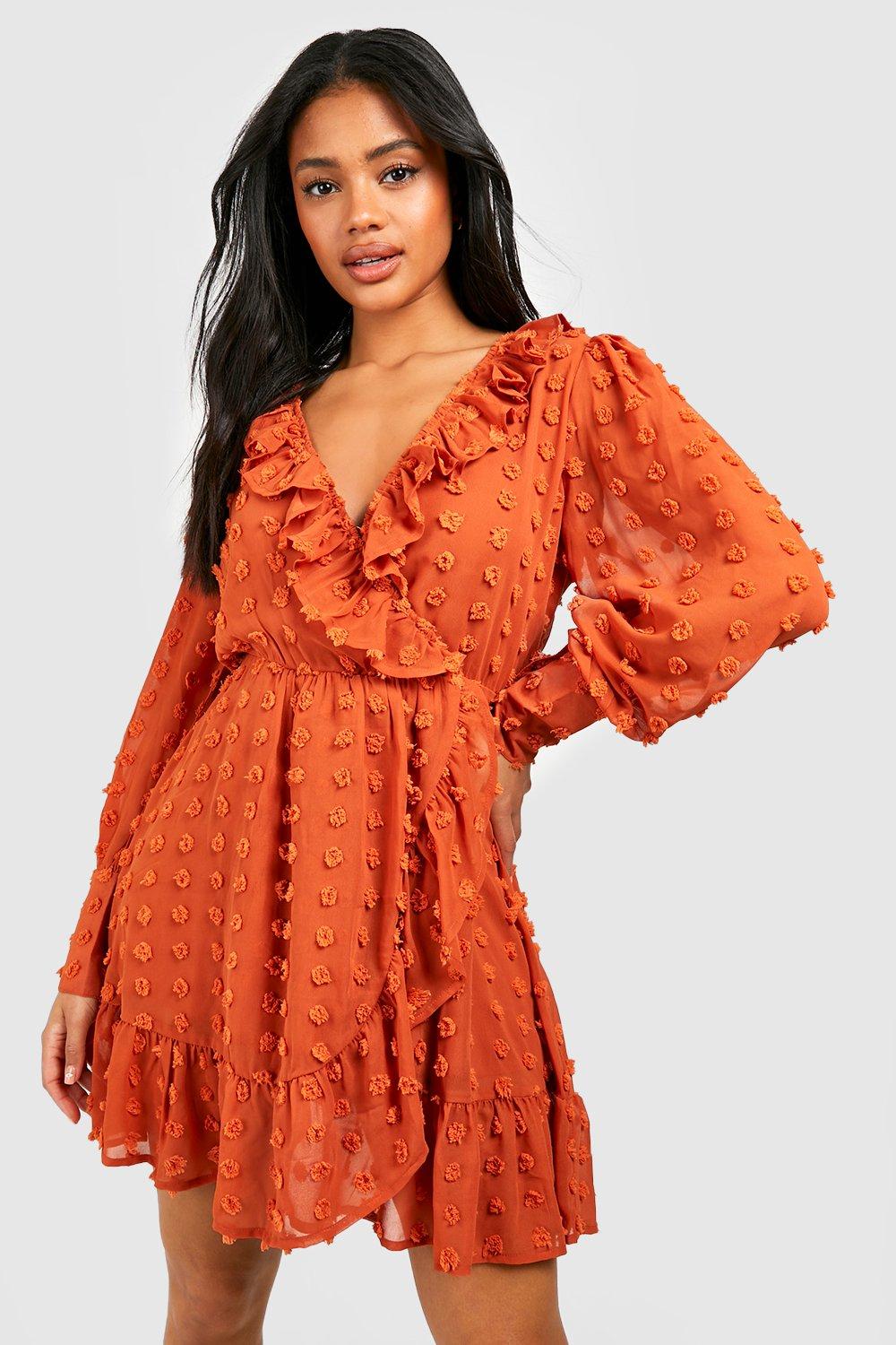 Women s Textured Dobby Ruffle Wrap Dress Boohoo UK