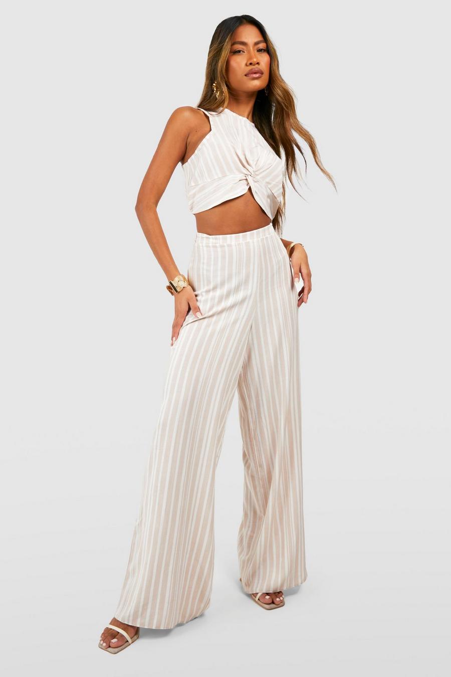 Beige Textured Stripe Wide Leg Pants image number 1