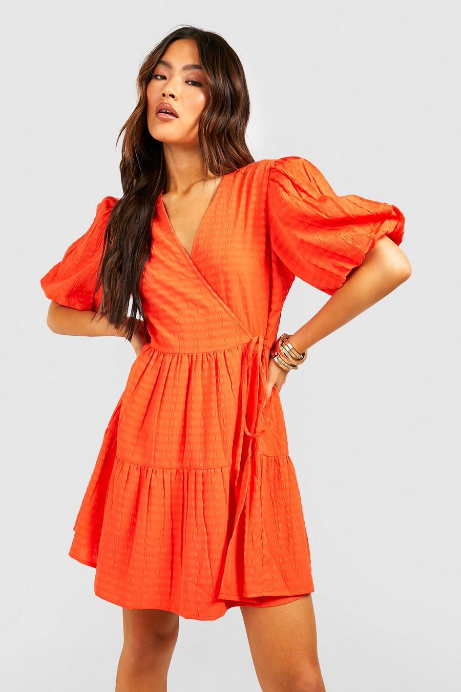 Orange Textured Puff Sleeve Wrap Smock Dress image number 1