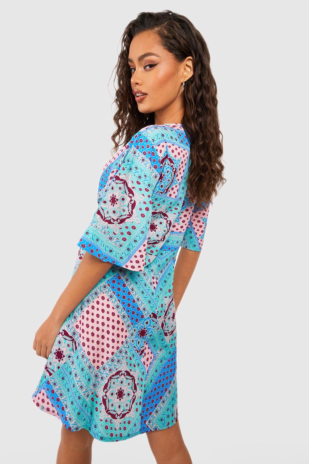 Boohoo wrap mini dress in scarf print sale