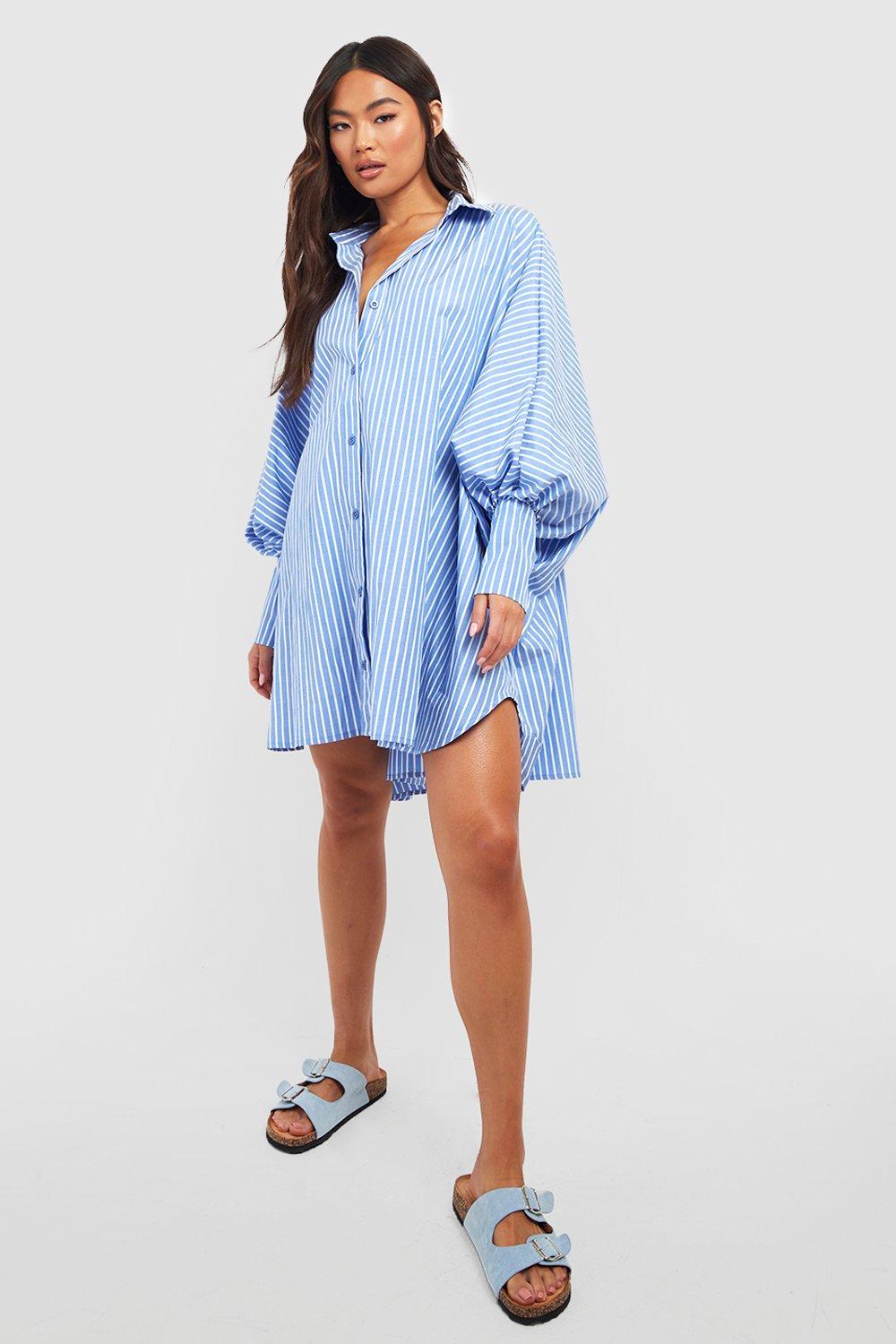 Stripe Oversized Batwing Balloon Sleeve Shirt Dress