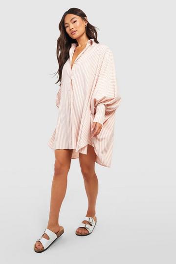 Stone Beige Stripe Oversized Batwing Balloon Sleeve Shirt Dress