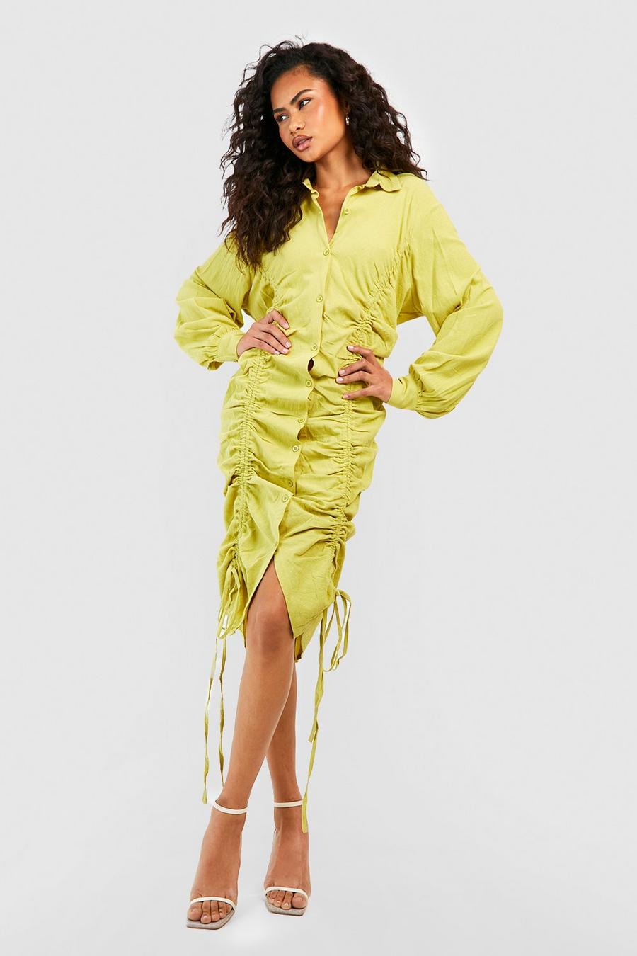 Olive Ruched Linen Midi Shirt Dress image number 1