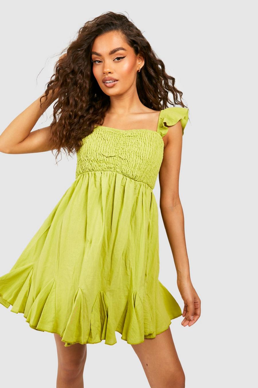 Lime grön Linen Shirred Ruffle Skater Dress