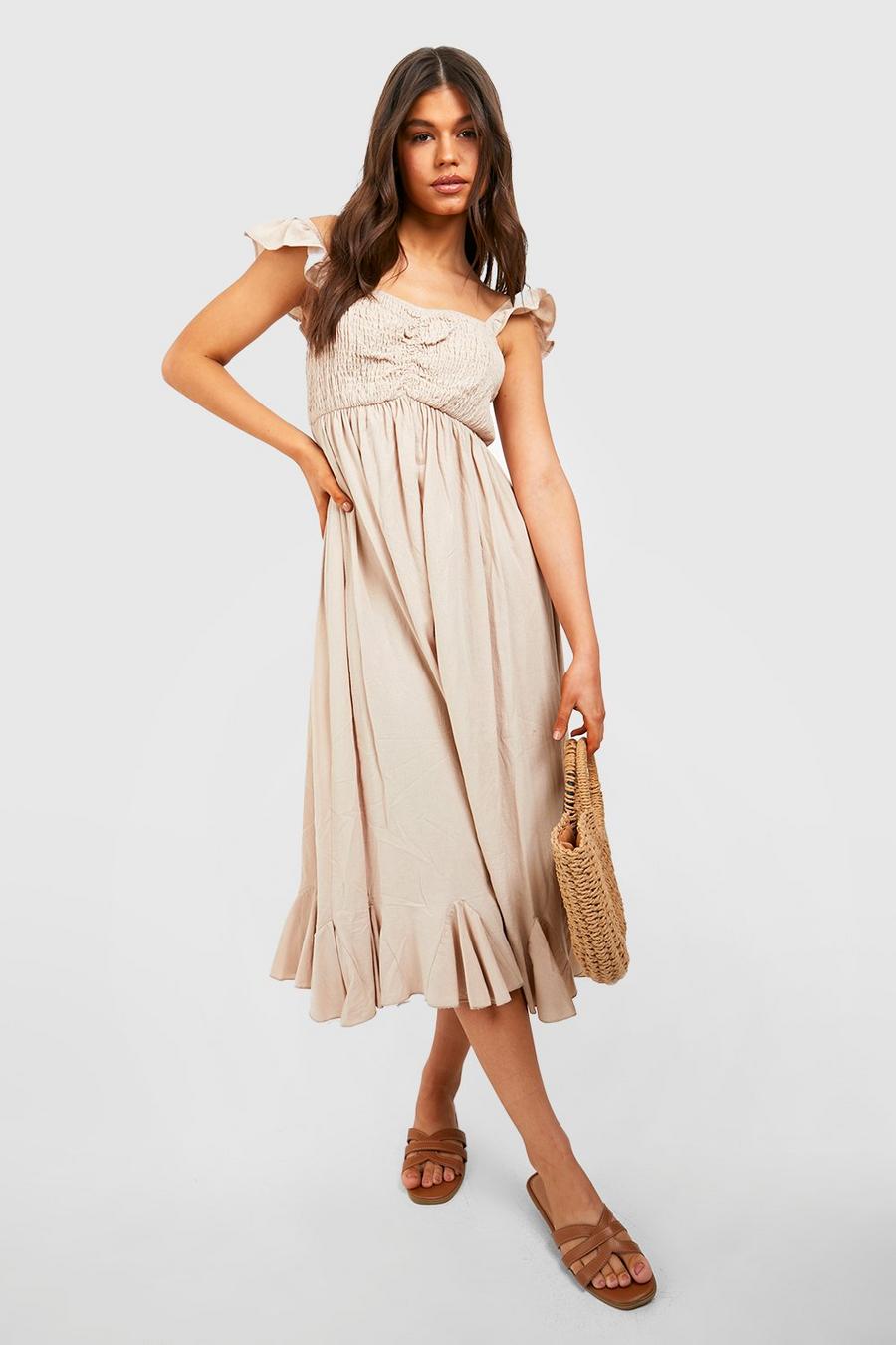 Stone Linen Shirred Ruffle Midaxi Dress image number 1