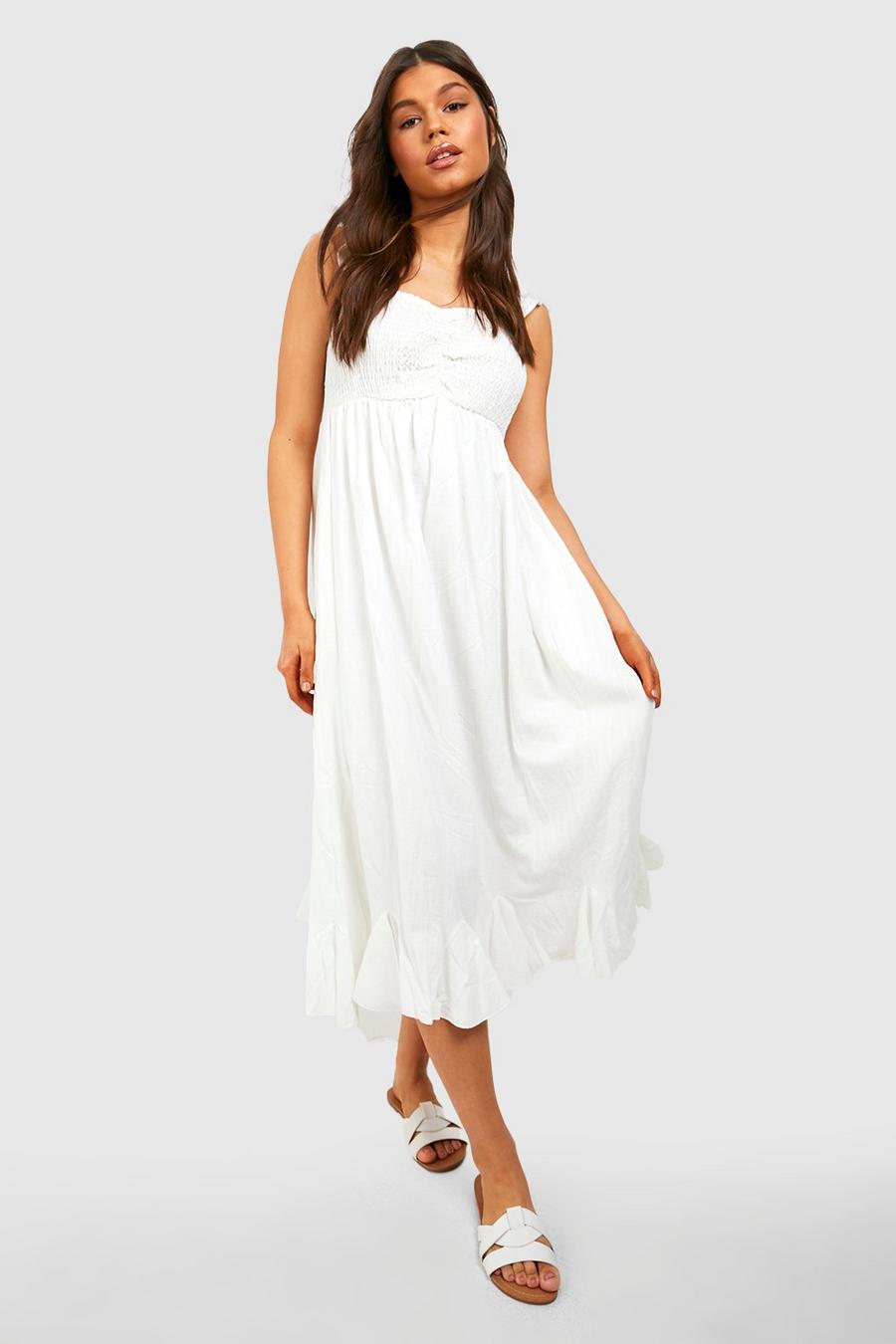White weiß Linen Shirred Ruffle Midaxi Dress