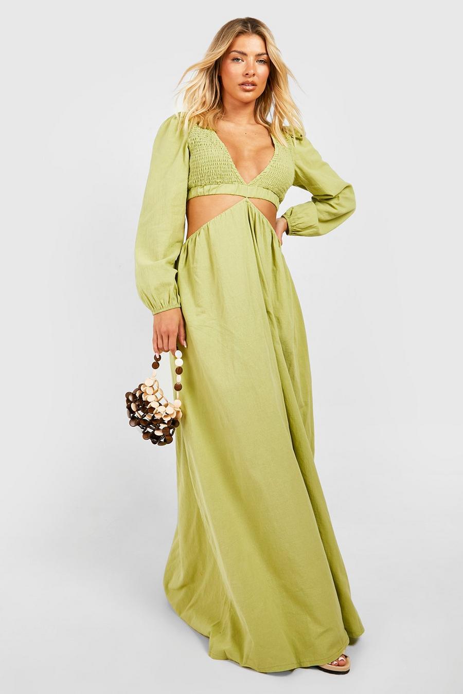 Lime Linen Shirred Detail Cut Out Maxi Dress