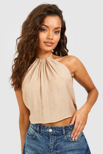 Textured Cheesecloth Halter Crop Top brown