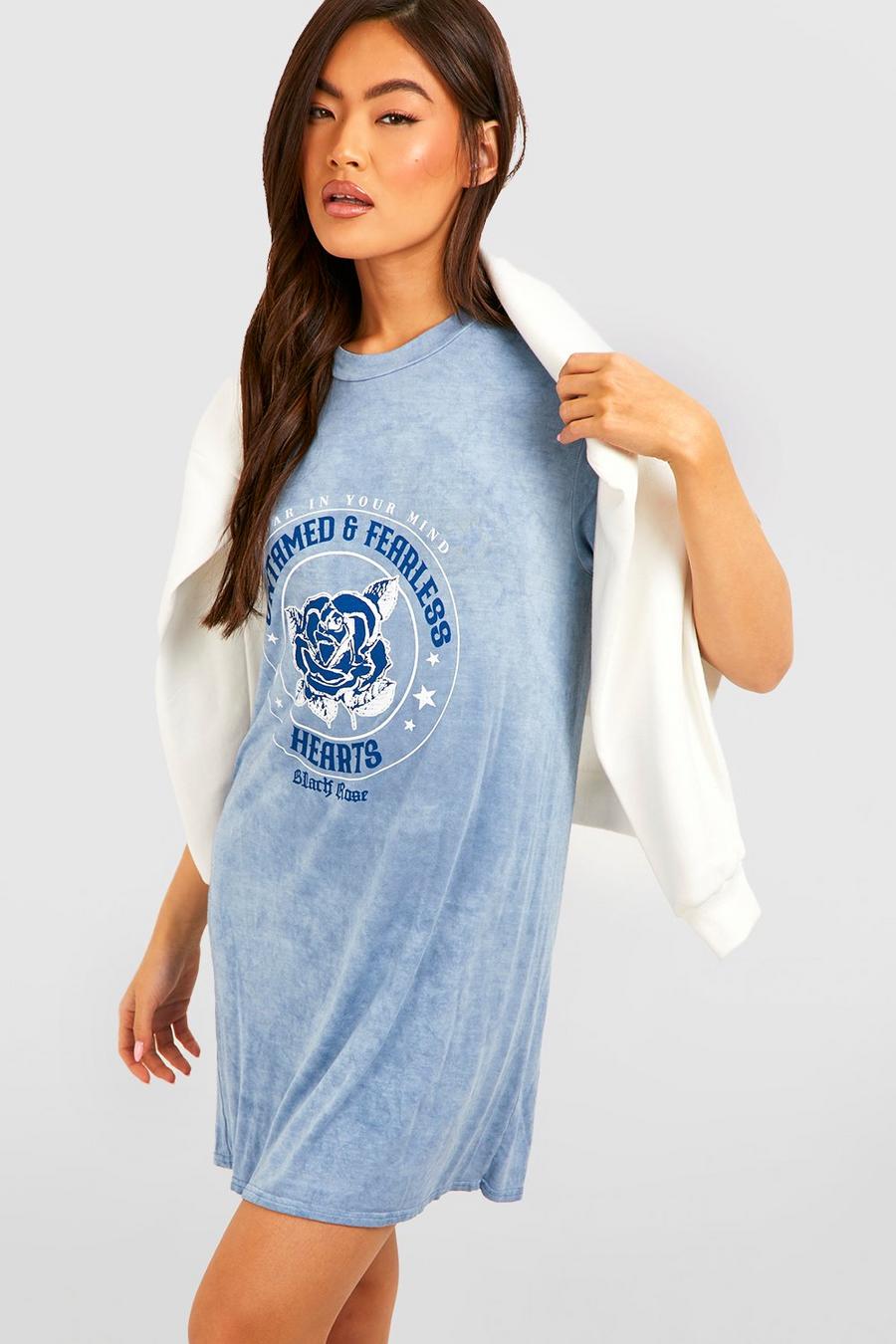 Acid Wash Slogan T-shirt Dress, Washed blue azul