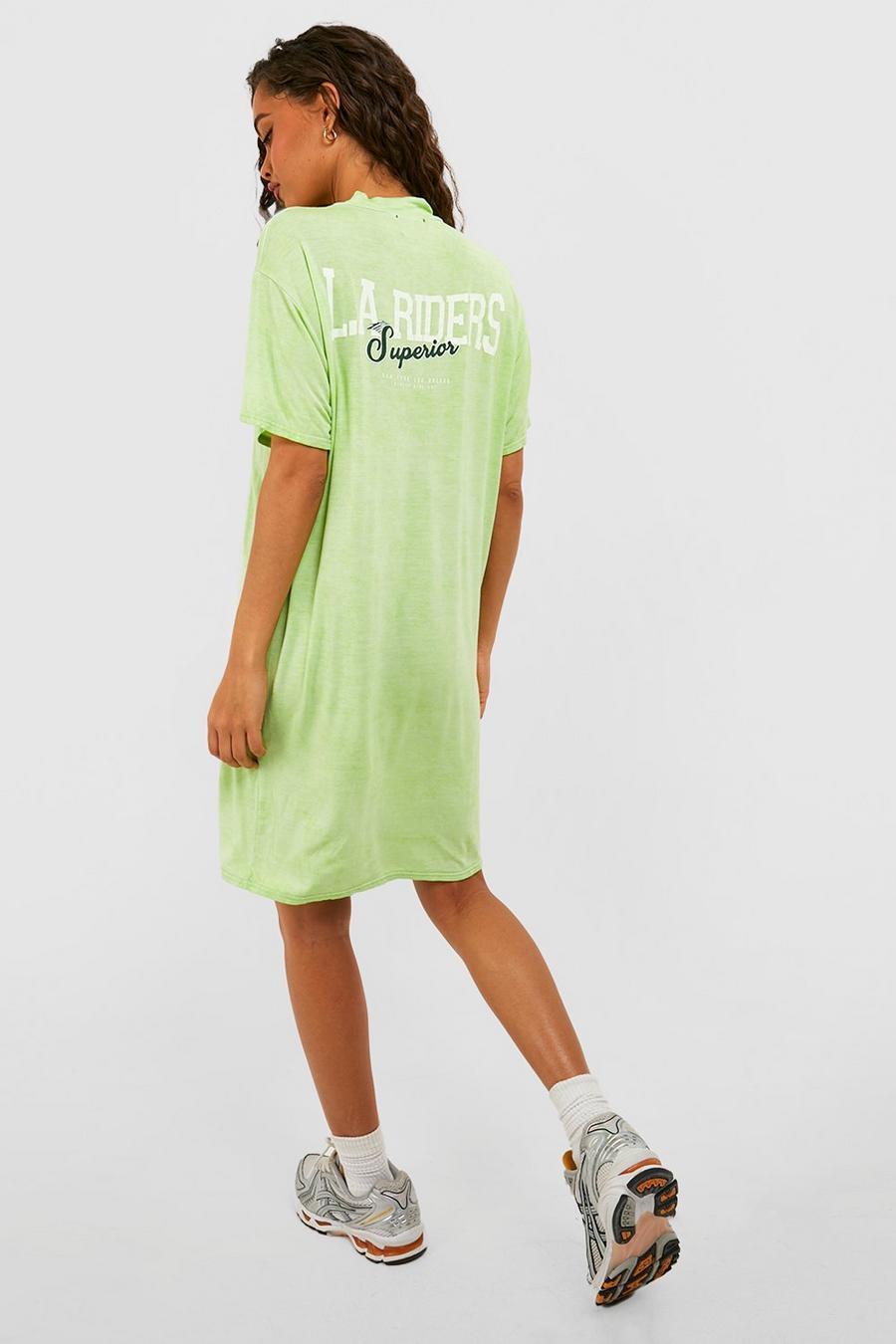Vestido camiseta con lavado de ácido y eslogan LA Riders, Green image number 1