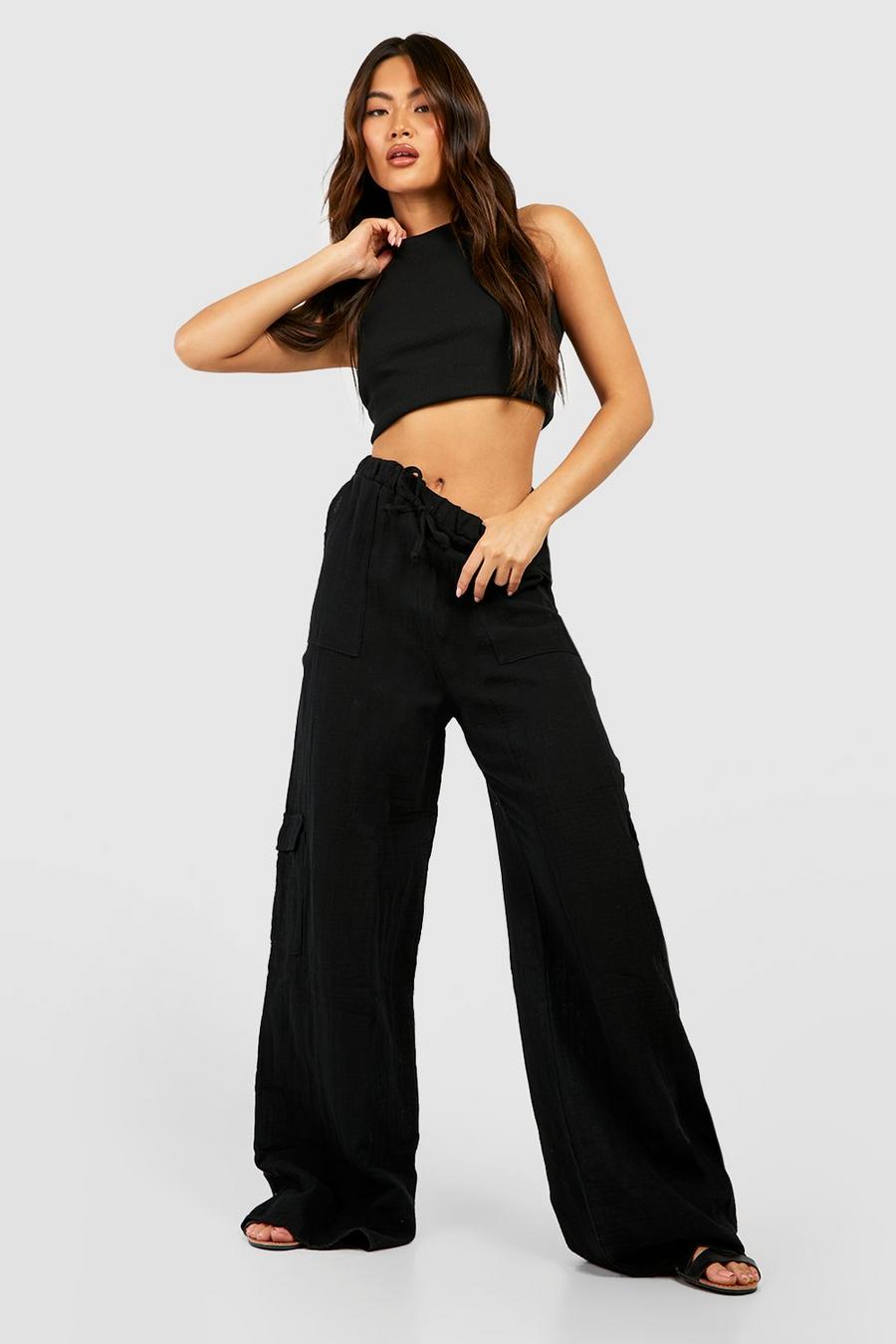 Black Cotton Crinkle Relaxed Fit Cargo Pants