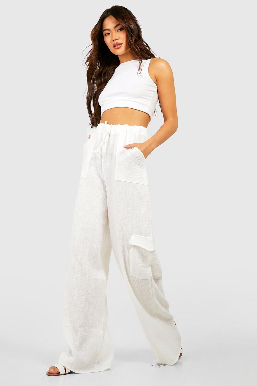 White Cotton Crinkle Relaxed Fit Cargo Pants image number 1