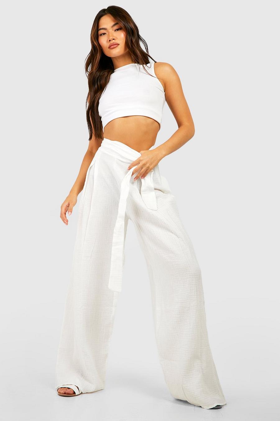 White Cotton Crinkle Belted Wide Leg Pants image number 1